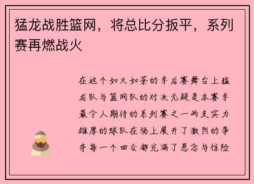 猛龙战胜篮网，将总比分扳平，系列赛再燃战火