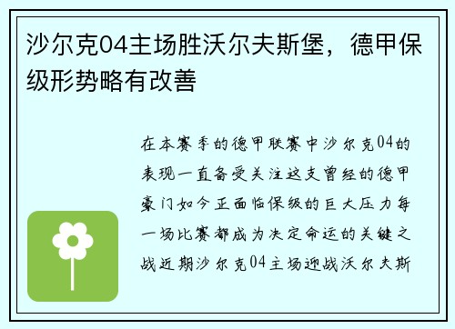 沙尔克04主场胜沃尔夫斯堡，德甲保级形势略有改善
